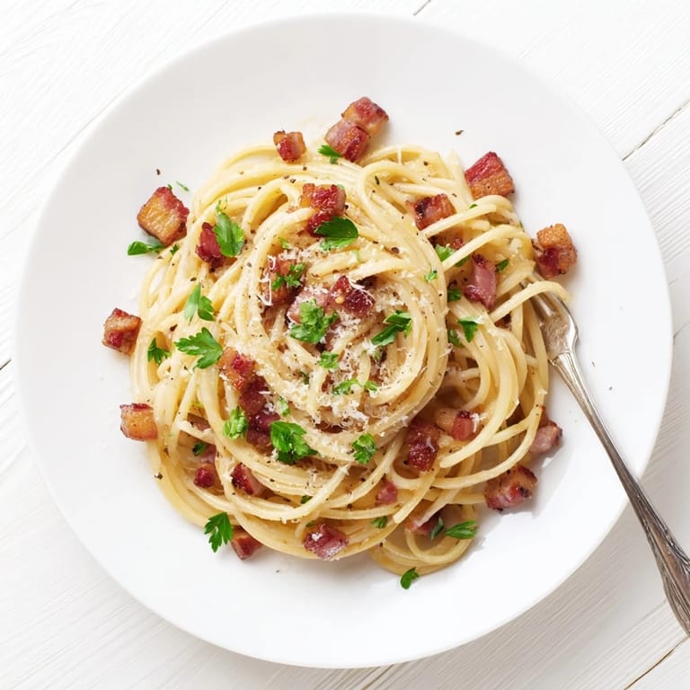 A close-up of crispy bacon linguine garnished with lemon zest and grated Parmesan cheese, ready to eat.  