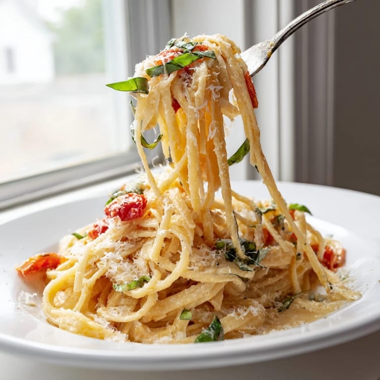 Serving bowl of roasted garlic pasta sauce paired with crusty bread and a glass of white wine.