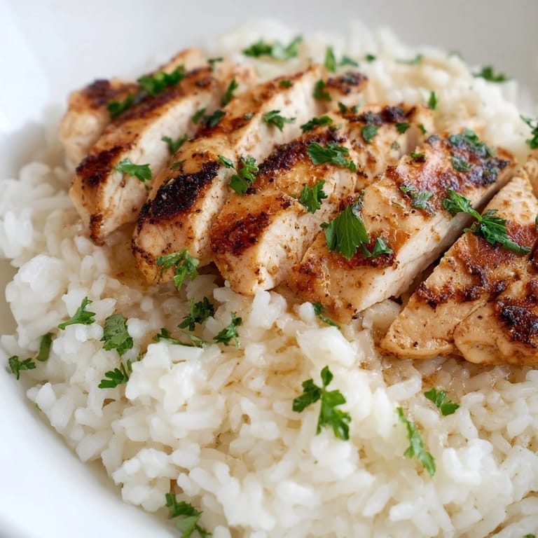 Comforting bowl of Garlic Butter Rice with Chicken showcases steaming rice, rich garlic butter notes, and a light char on the grilled chicken for a flavorful, easy dinner.