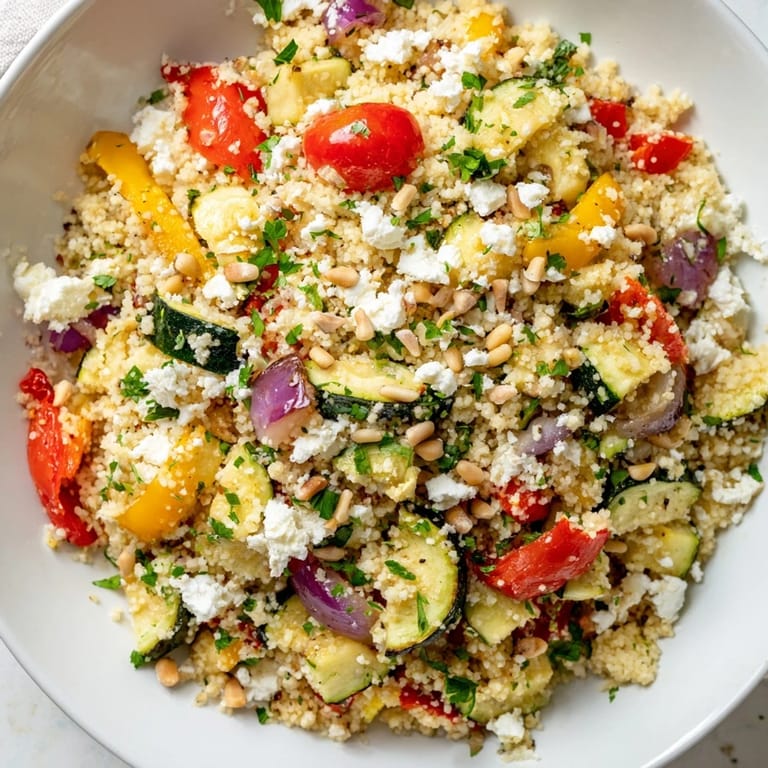 Colorful roasted vegetables and fresh herbs rest on a forkful of Roasted Veggie Couscous Salad near a small bowl of feta.
