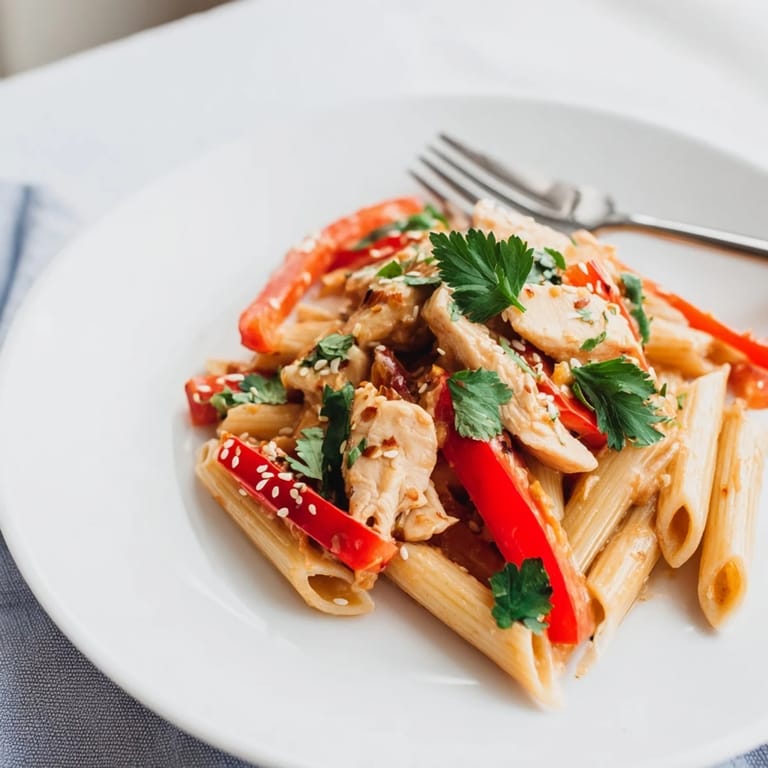 A warm plate of Sweet Chili Chicken Pasta tossed in glossy sauce, ready to be served for a quick weeknight dinner.