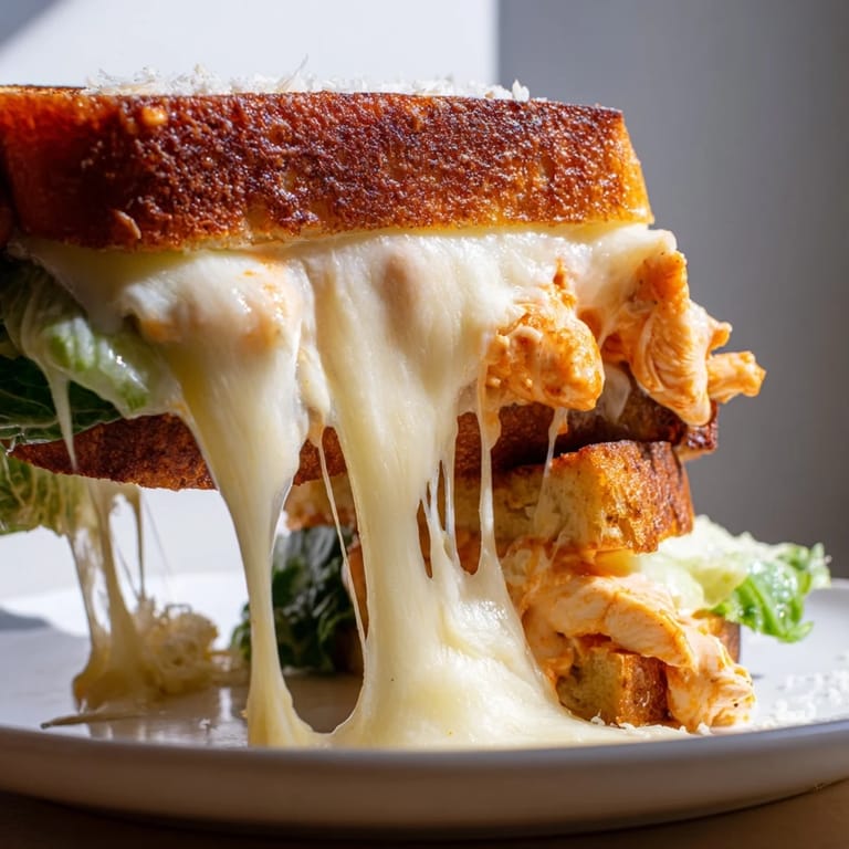 A slice of Buffalo Chicken Caesar Grilled Cheese is lifted, showing melted cheese and juicy buffalo chicken on a plate.