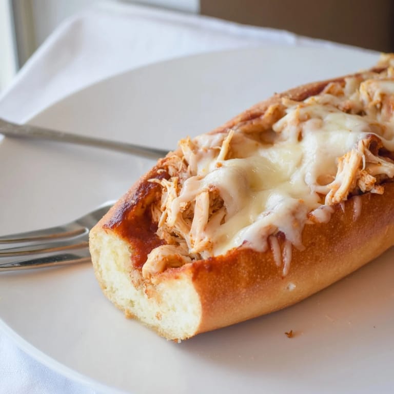 Italian-American Chicken Parm Stuffed Garlic Bread served warm, revealing tender chicken and marinara tucked inside crusty, herb-garlic baguette boats.  