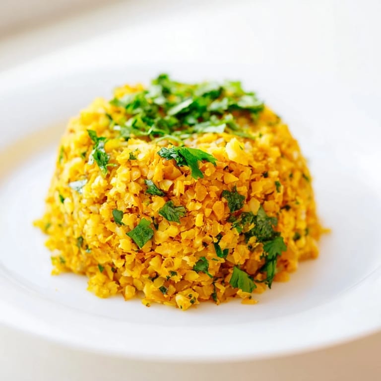 Savory riced cauliflower infused with turmeric, perfect for healthy weeknight dinners.