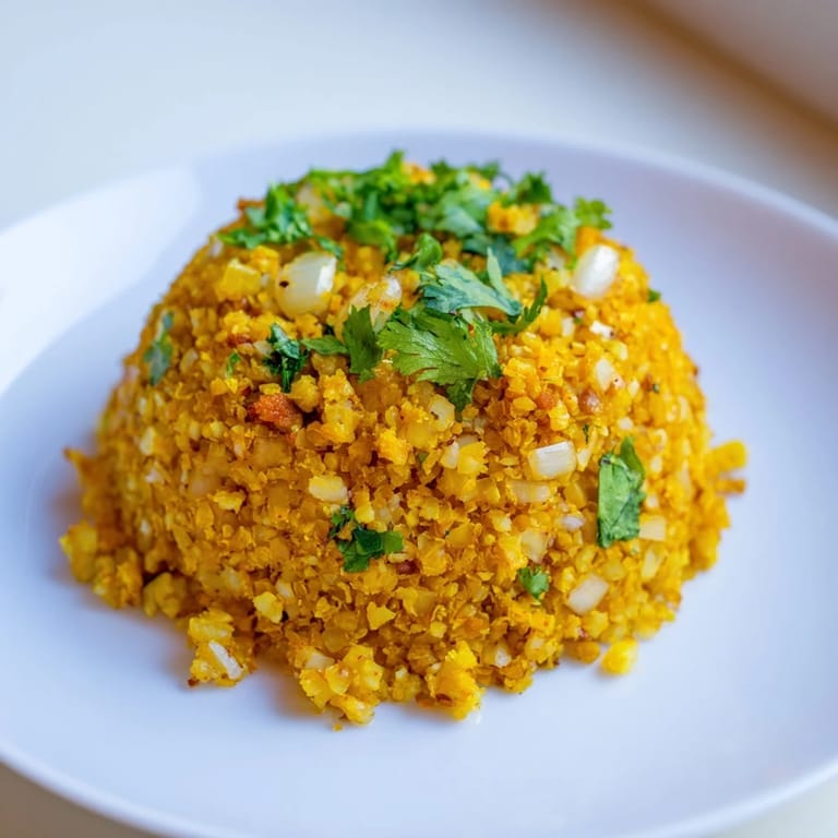 Bright, fragrant turmeric cauliflower rice, an easy, low-carb plant-based accompaniment.