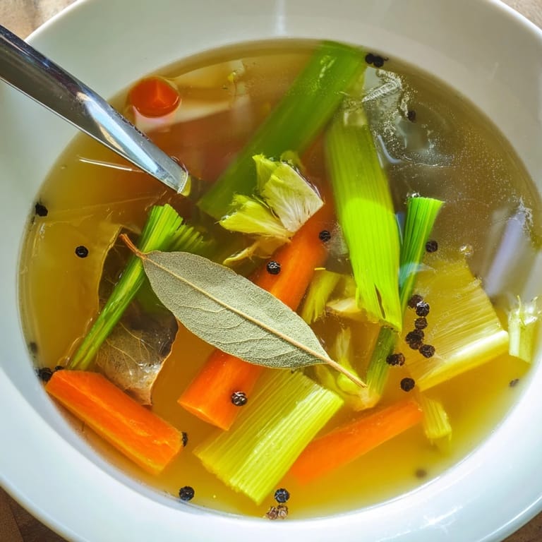Vegetable Broth From Scraps served warm in a rustic mug with a sprig of thyme and crusty bread.
