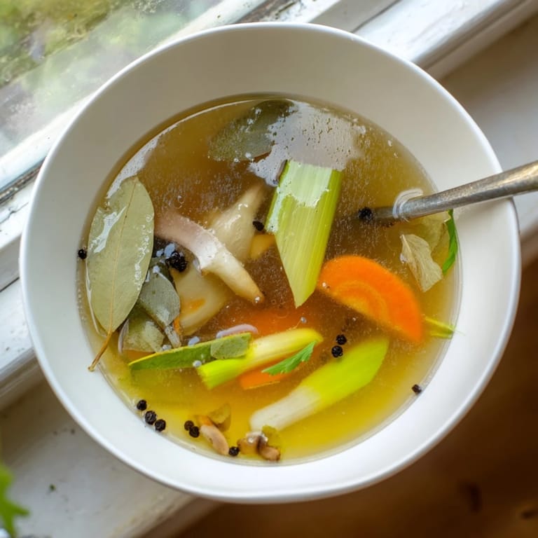 Homemade Vegetable Broth From Scraps strained into a clear glass jar, showcasing its golden, aromatic liquid ready for storage.  