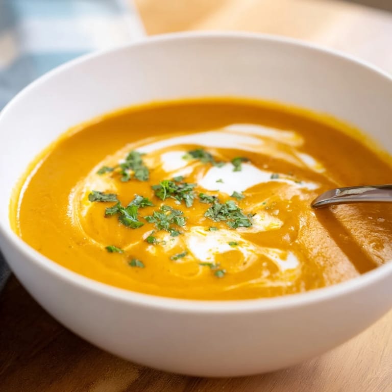 Creamy Carrot Ginger Soup in a white bowl, topped with toasted seeds and fresh cilantro, ready to be paired with crusty artisan bread.  