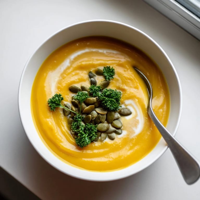 Creamy Butternut Squash and Apple Soup in a rustic bowl beside crusty bread.