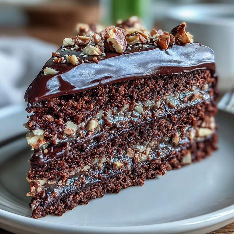 Freshly assembled Chocolate Celebration Cake with rich chocolate ganache and hazelnut praline garnish, ready to serve on a plate.