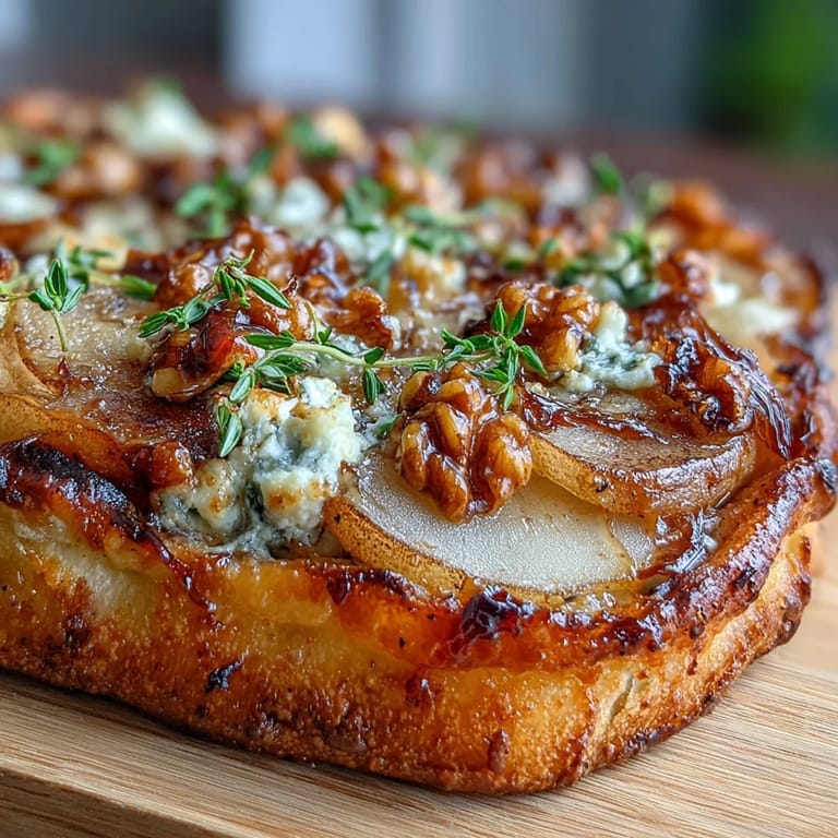 Rustic board with twelve mini Pear, Gorgonzola, and Pickled Walnut Pizzettes topped with arugula and honey drizzle. 