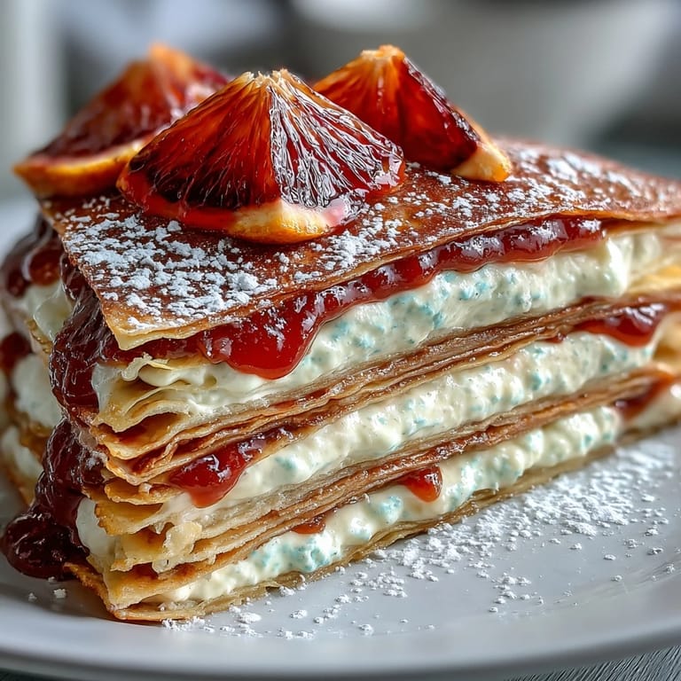 Close-up of Blood Orange Curd Crêpe Cake layers showing creamy whipped cream and smooth blood orange curd between delicate crêpes on a white plate.