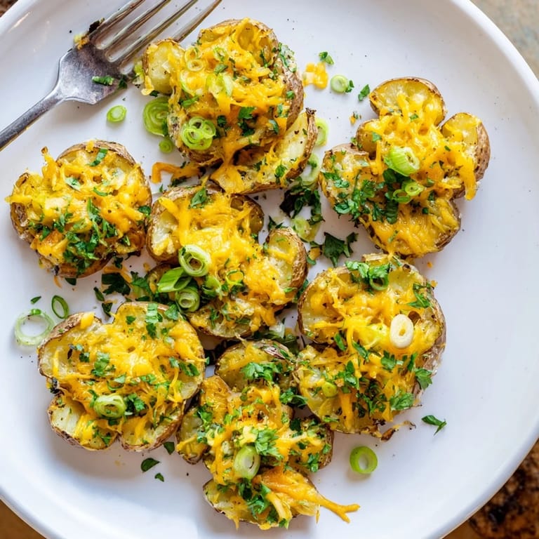 Warm and cheesy smashed green onion potato bombs, ideal for serving with sour cream.
