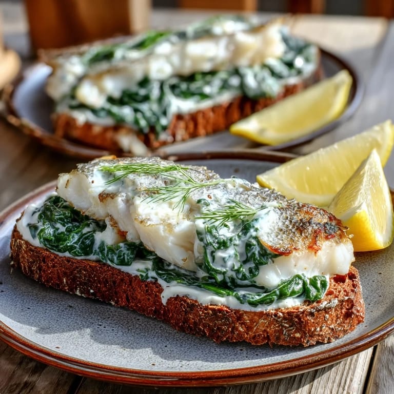 A close-up view of warm Smoked Haddock and Spinach Rye Toasts, showcasing tender fish and vibrant greens on hearty bread.