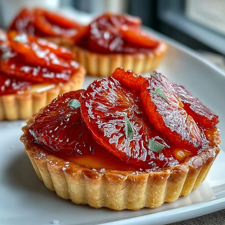 Six vibrant Blood Orange Tarts are plated near greenery, showcasing crisp pastry shells filled with pale yellow custard.