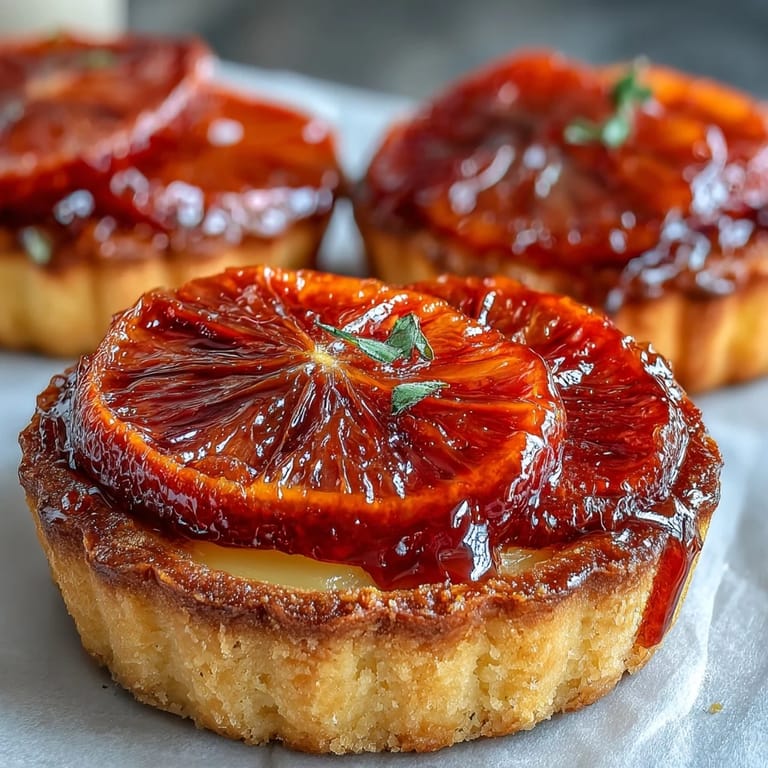 Freshly baked Blood Orange Tarts feature glistening orange rounds on creamy vanilla filling, ready to serve with a dessert wine.