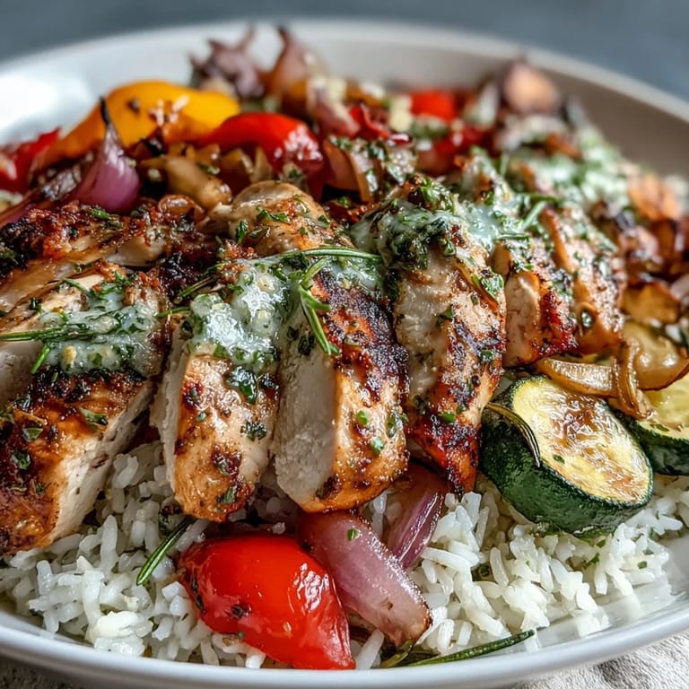 Sizzling Lemon Herb Roasted Chicken Bowl with caramelized red onions and bell peppers, ready to serve.