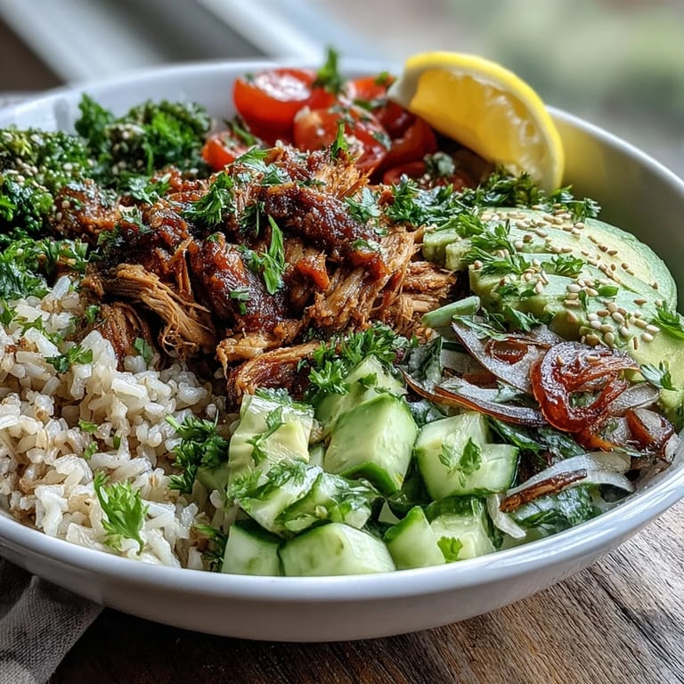Healthy Rotisserie Chicken Bowl served over brown rice with cherry tomatoes and drizzled with spicy sriracha mayo.