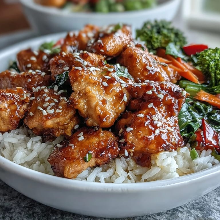 Savory Honey Garlic Chicken Bowl garnished with fresh green onions, ready to serve for a quick weeknight dinner.