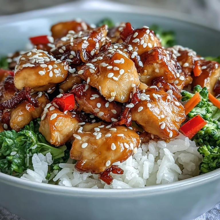 Juicy Honey Garlic Chicken Bowl featuring tender glazed chicken, colorful bell peppers, and jasmine rice in a ceramic bowl.