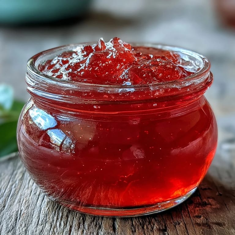 Bright, jewel-toned Guava Jelly in a small glass bowl, perfect for spreading on warm toast or filling delicate thumbprint cookies.