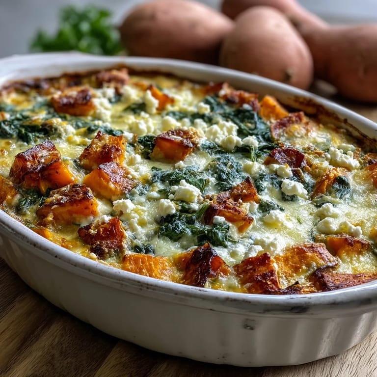 A freshly baked Easy Sweet Potato Egg Casserole in a dish, with a golden-brown top and colorful vegetable filling.