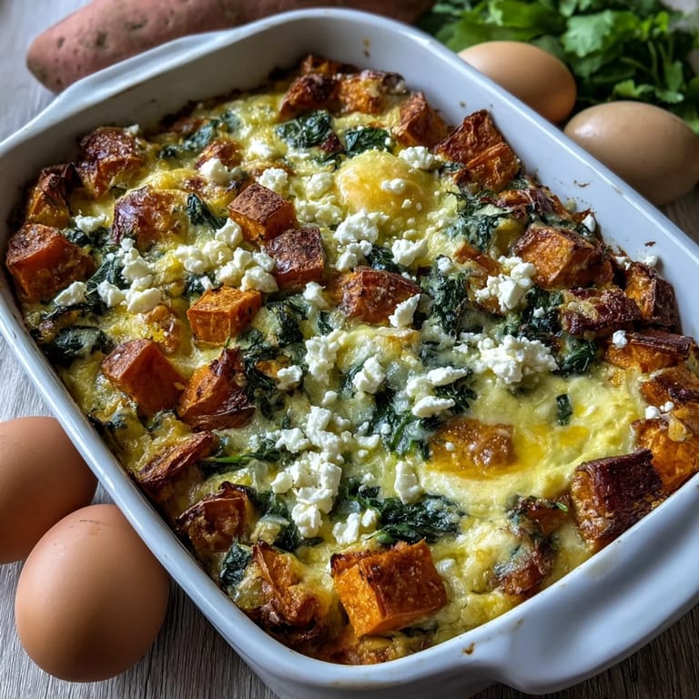 A close-up of a serving of Easy Sweet Potato Egg Casserole, revealing fluffy eggs, sweet potato chunks, and spinach.