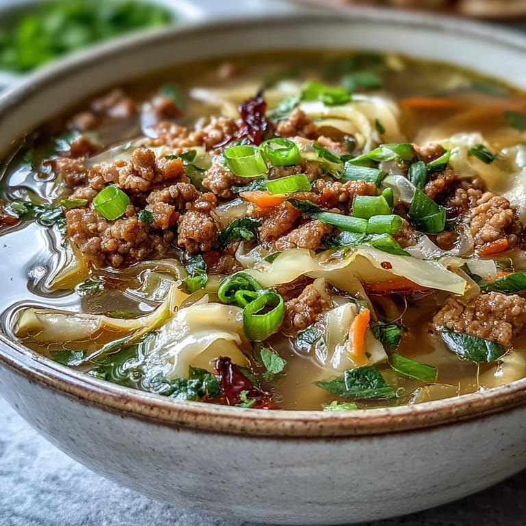 Spicy One-Pot Egg Roll Soup served in a rustic bowl with chopped green onions and sriracha for heat.