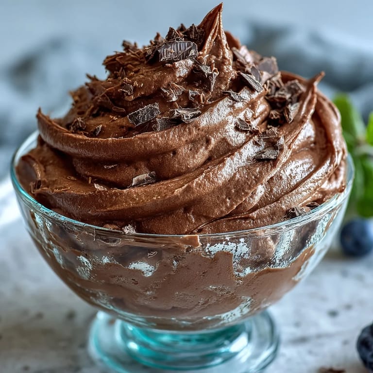 Spoonful of fluffy chocolate protein fluff, a creamy low-calorie treat ready to enjoy immediately.