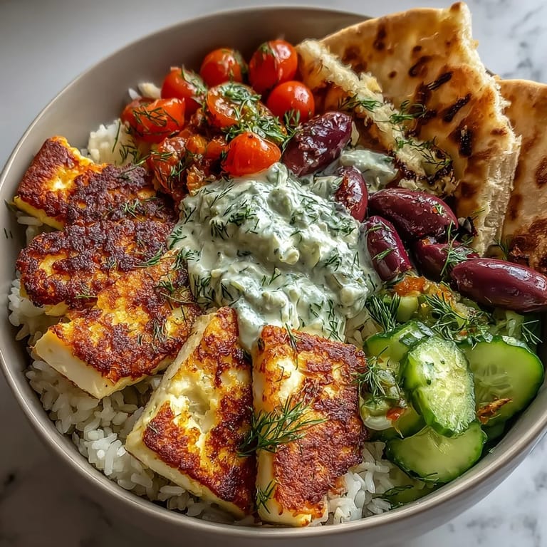 Close-up of a delicious Greek Halloumi Power Bowl featuring seared cheese, fresh veggies, and dill garnish.