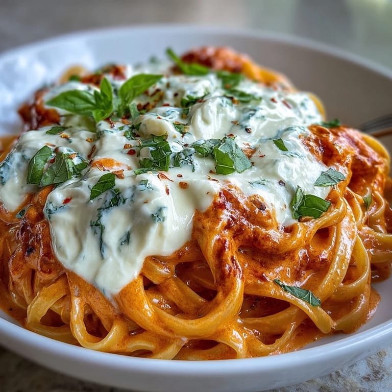 Golden, roasted bell peppers and creamy burrata top this restaurant-worthy Creamy Red Pepper Pasta with Burrata & Herbs.