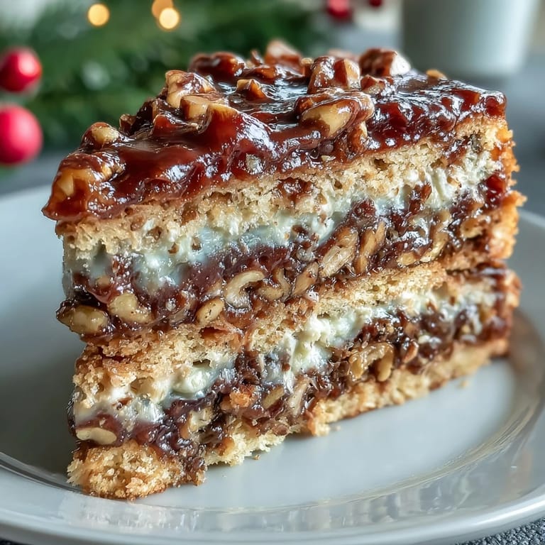 Two layers of Christmas Toffee Crunch Cake with chopped pecans and golden toffee bits, served on a holiday dessert table.