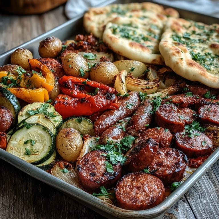 Savory sheet pan sausage and caramelized vegetables alongside toasted naan brushed with garlic butter, ready to serve for a flavorful family meal. 