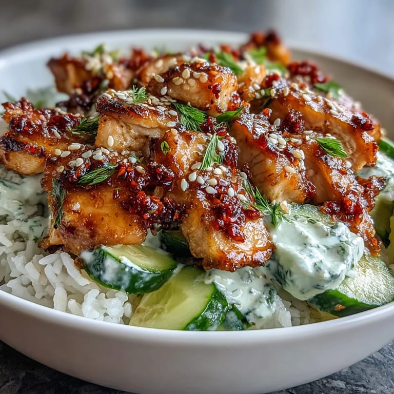 Cool, crisp cucumbers in a tangy yogurt dressing topped with juicy chicken and a spoonful of spicy chili crisp for the TikTok Chili-Crisp Cucumber Chicken Bowls.