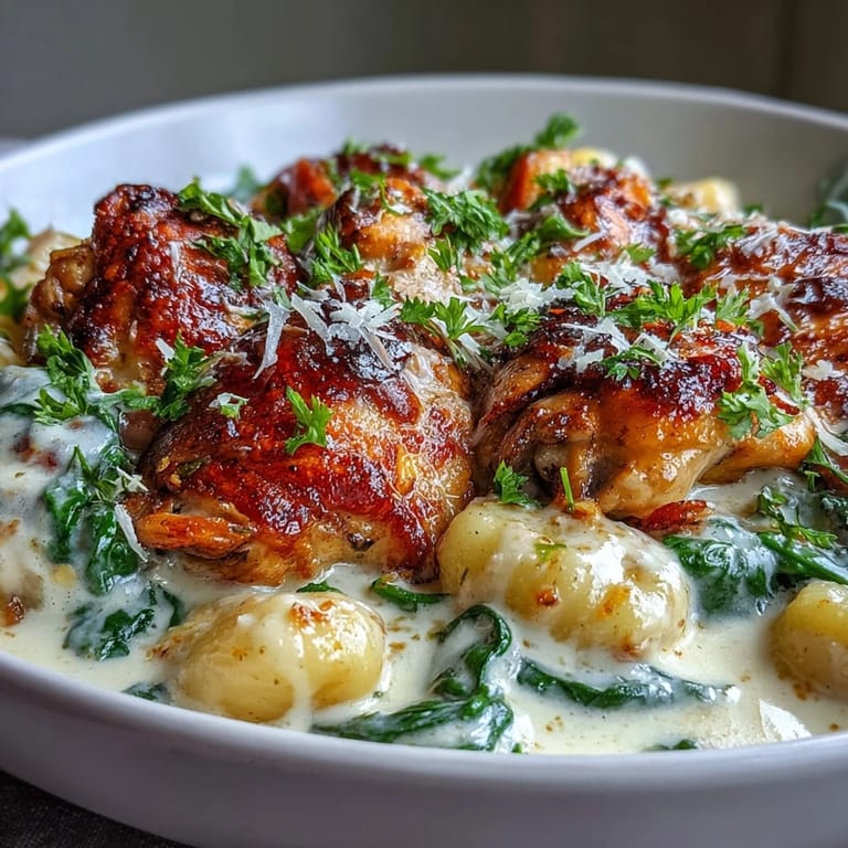 Spoon serving One-Pan Creamy Garlic Chicken Gnocchi onto plates, highlighting the rich garlic cream sauce and tender chicken.