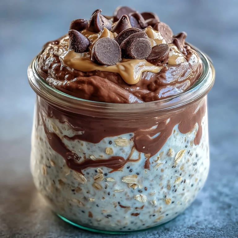 Close-up of Peanut Butter Cup Overnight Oats with a drizzle of peanut butter and chopped roasted peanuts for a decadent, make-ahead breakfast. 