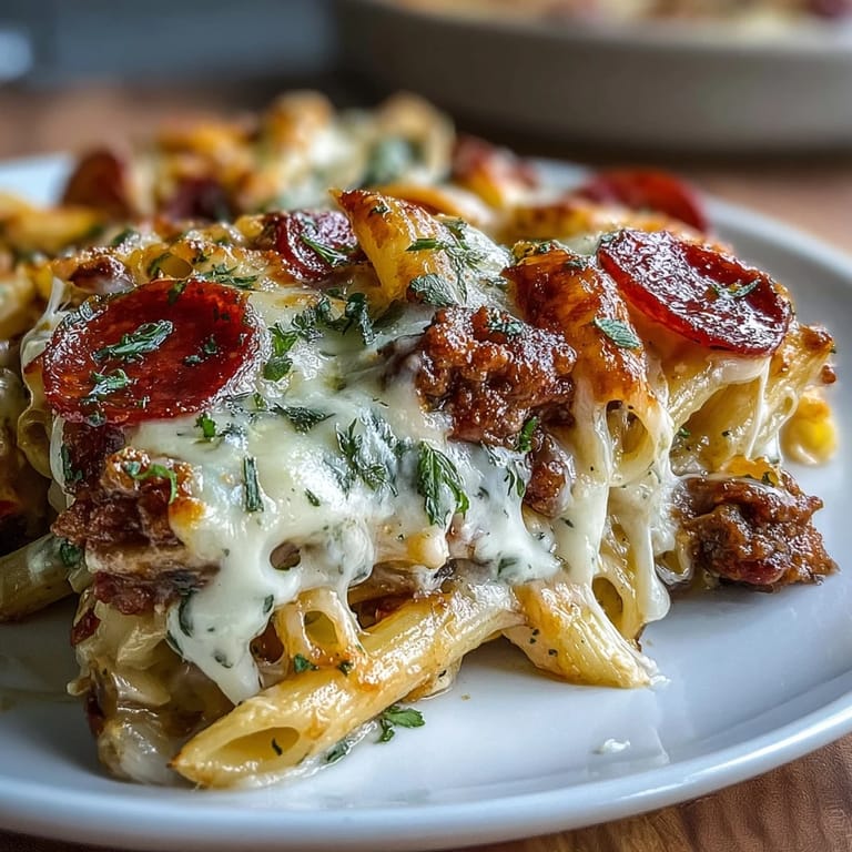 A close-up of creamy, cheesy High-Protein Pizza Pasta Bake served in a rustic dish with fresh basil garnish.