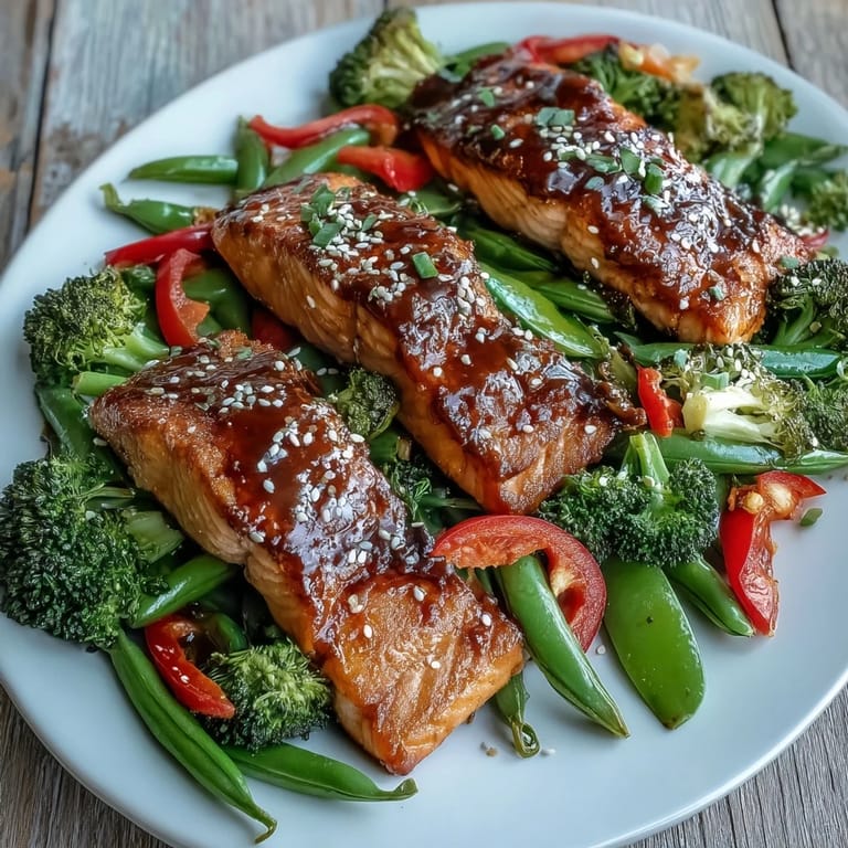 Easy Sheet Pan Teriyaki Salmon with vibrant broccoli and snap peas, garnished with sesame seeds and sliced scallions.