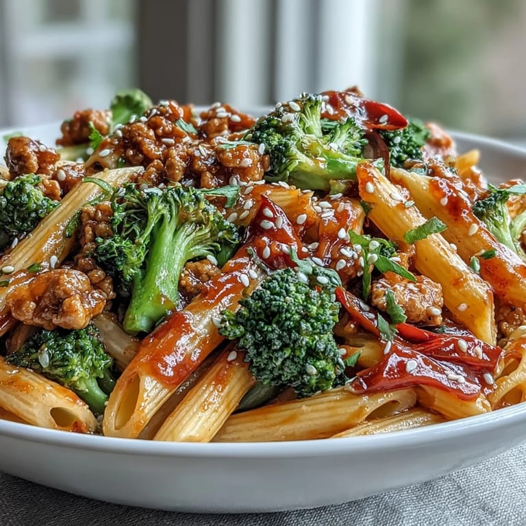A serving of Sweet & Spicy Turkey Broccoli Pasta garnished with green onions and sesame seeds.