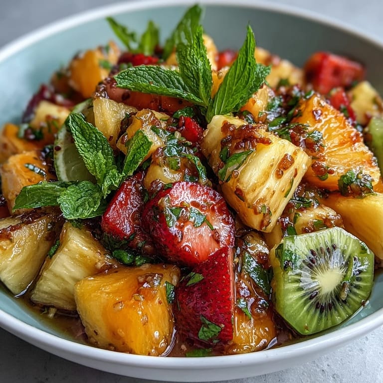Refreshing tropical fruit salad with mint lime dressing, showcasing colorful watermelon, kiwi, and banana slices tossed with herbs.