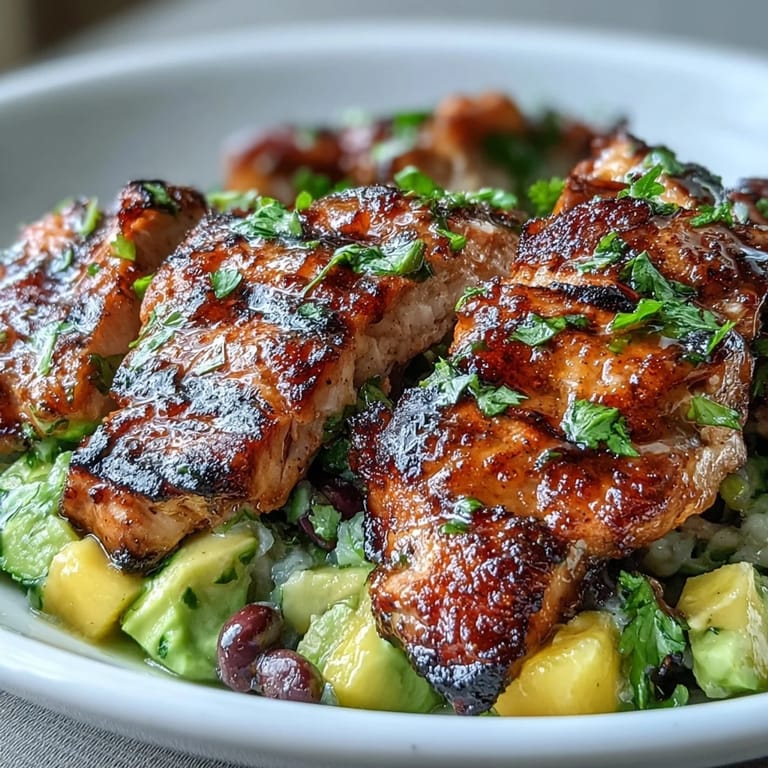 Hearty bowl of Mango Avocado Salsa Chicken with tender grilled chicken, zesty mango-avocado salsa, and savory black beans over fluffy brown rice.  