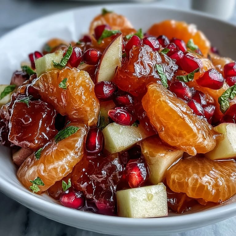 Festive winter fruit salad with sweet cinnamon vanilla dressing, showcasing fresh seasonal produce in a beautiful, shareable holiday side dish.