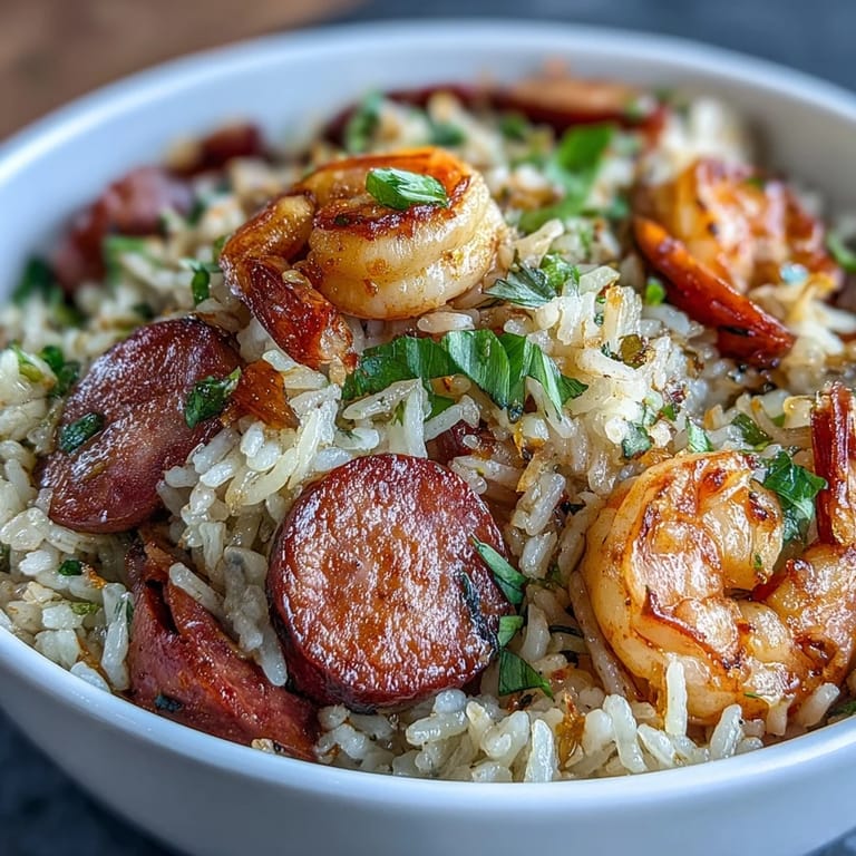 Rustic Cajun dirty rice featuring succulent shrimp, smoky sausage, and seasoned vegetables, served hot and garnished with fresh spring onions.