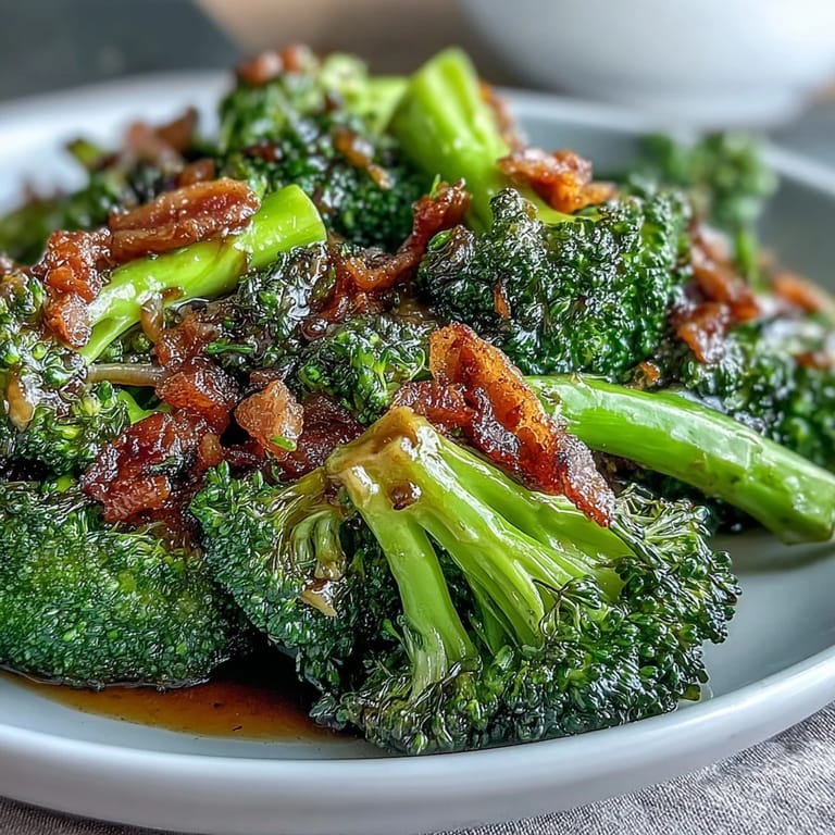 2. Fresh broccoli cooked to tender perfection, coated in glossy garlic sauce, and garnished with golden, crispy bacon pieces.