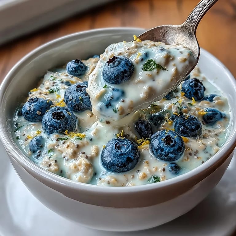 Chilled overnight oats layered with juicy blueberries and lemon zest, garnished with crunchy nuts for texture.