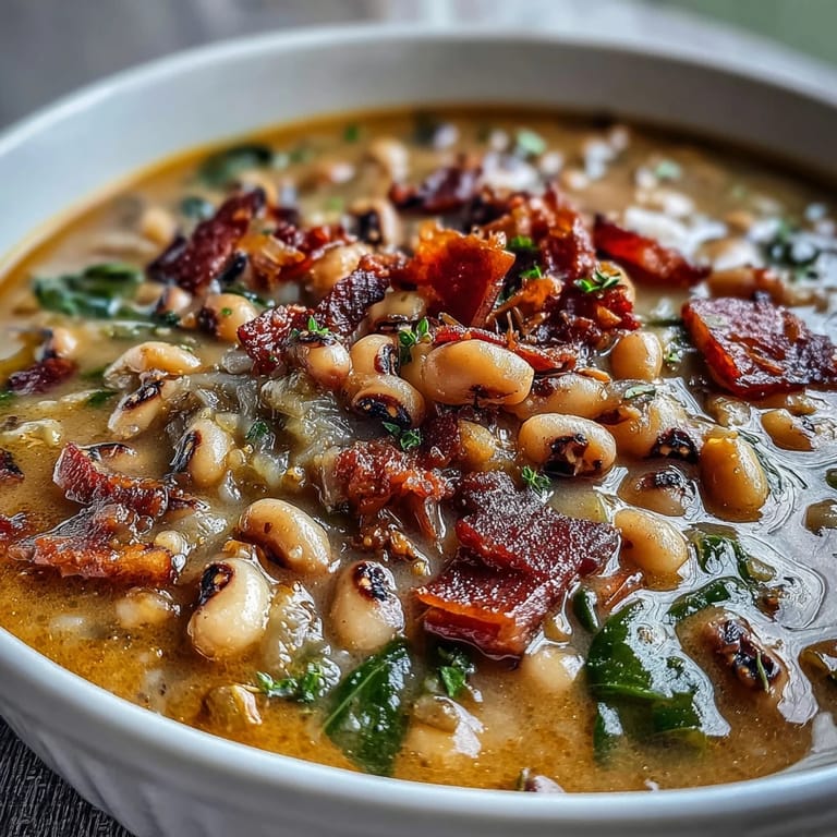 Creamy black-eyed peas and diced ham simmered in a savory broth, perfect for a comforting meal.