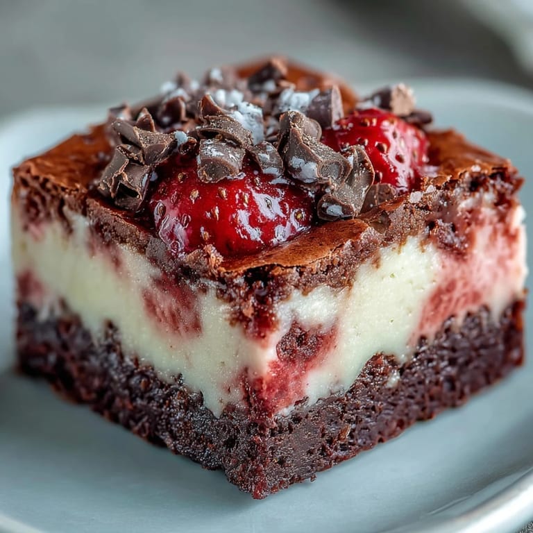 Swirled chocolate and strawberry cheesecake brownies, an indulgent dessert combining classic flavors in every bite.