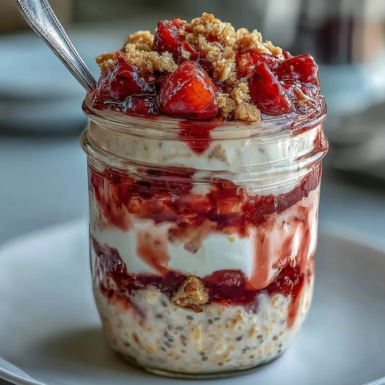 Delicious strawberry cheesecake overnight oats in glass jars, combining creamy oats, sweet berries, and cheesecake-inspired layers for a healthy treat.