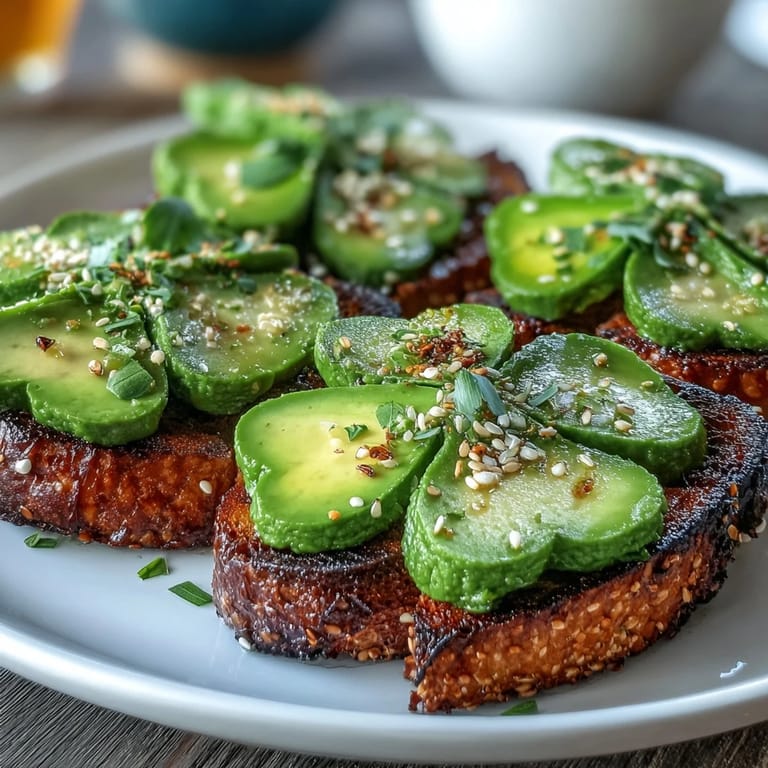 Golden toasted bread layered with lemon-kissed avocado shamrocks and crunchy everything seasoning for a savory twist.