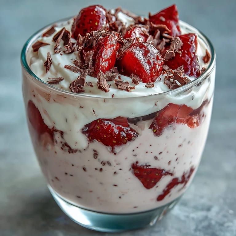Creamy strawberry yogurt chia pudding garnished with dark chocolate shavings and juicy strawberry slices.